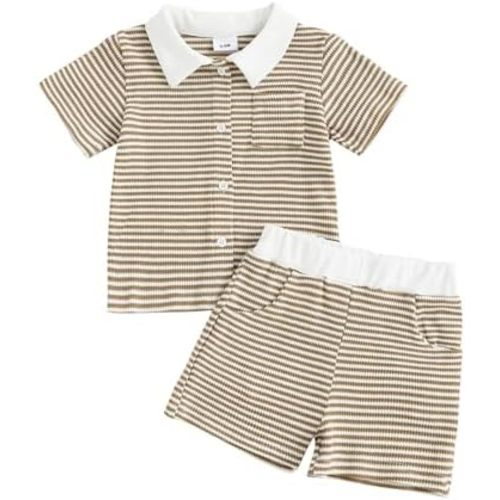 fhutpw Baby Toddler Boy Clothes Striped Button Down Shirt Tops + Elastic Waist Shorts Infant Boys Summer Outfits 2PCS Sets