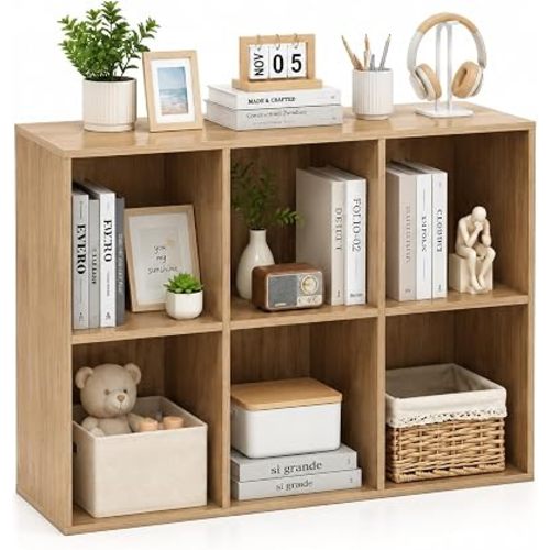 POWERSTONE 6 Cube Storage Organizer, Open Cube Bookshelf with Back Panels, Modern Display Cubby Bookcase for Bedroom Living Room Home Office, Natural