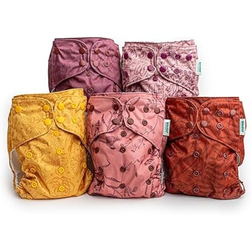 Kinder Cloth Diapers Set of 5 Reusable Baby Diapers Pocket Style Athletic Wicking Jersey, Newborn to Potty 7-60lbs, One Size, Inserts NOT Included (Sunset Flora Botanicals)