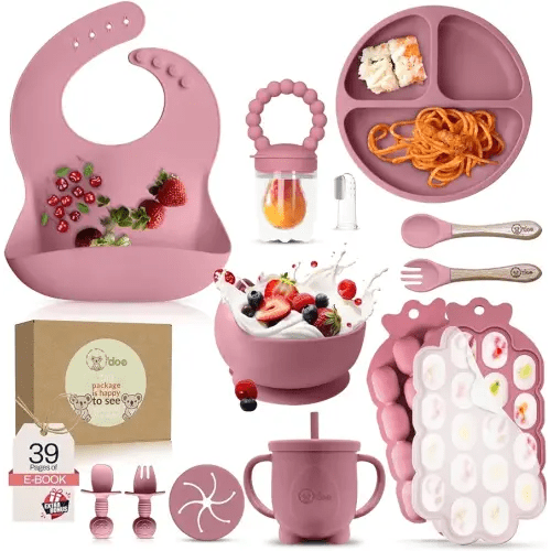 O'doe Juego de destete para bebés, 15 piezas de silicona para bebés con placa de succión, cuenco, babero, taza para beber, alimentador de frutas, bandeja para congelador