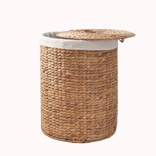 SOL HOME Ludmilla Round Tall Water Hyacinth Woven Wicker Laundry Hamper with Lid with Removable Liner