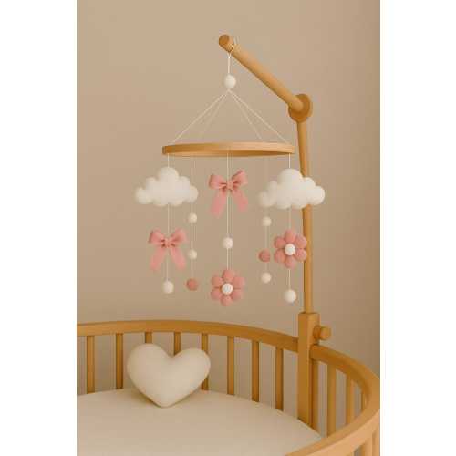 Pink Flower Cloud Baby Mobile | Handmade Felt Crib Mobile | Neutral Nursery Decor for Baby Girl | Wooden Ring Mobile | Boho Nursery Gift