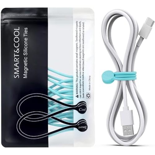SMART&COOL Reusable Silicone Magnetic Cable Ties, Aqua, 10-Pack
