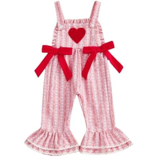 Adobabirl Baby Girl Overalls Love Heart Embroidery Bell Bottom Jumpsuit Suspender Romper Plaid Pants Valentines Day Outfit