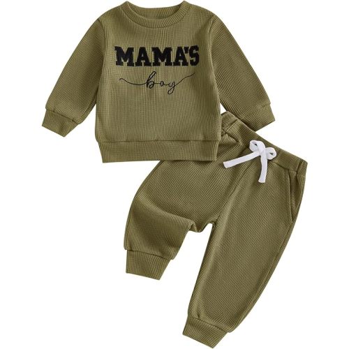 Toddler Baby Boy Clothes Mamas Boy Embroidered Striped Long Sleeve Sweatshirt Pants Set 2 Pcs Fall Winter Outfits