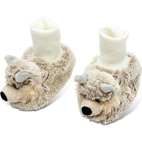 Puzzled DolliBu Gray Wolf Soft Plush Baby Shoes - Soft & Fluffy Wild Life Fleece Unisex Footwear with Stuffed Animal Wolf for Baby Boy or Girl - Fuzzy Indoor Slipper, Winter Foot Warmer - One Size