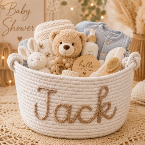 Baby Shower Gift Basket, Custom Baby Shower Basket with Personalized Name, Baby Toys Basket, Cotton Rope Basket, Newborn Baby Nursery Gift