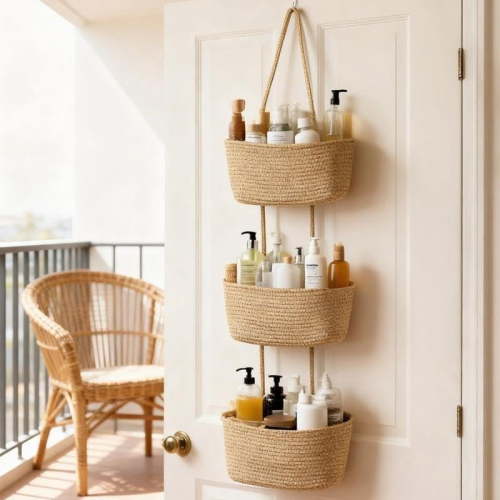 Over The Door Hanging Basket 3-Tier Woven Boho Wall Mounted Storage Organizer with Hooks for Bedroom Nursery Bathroom Apartments Dorm Pantry Decor, Jute