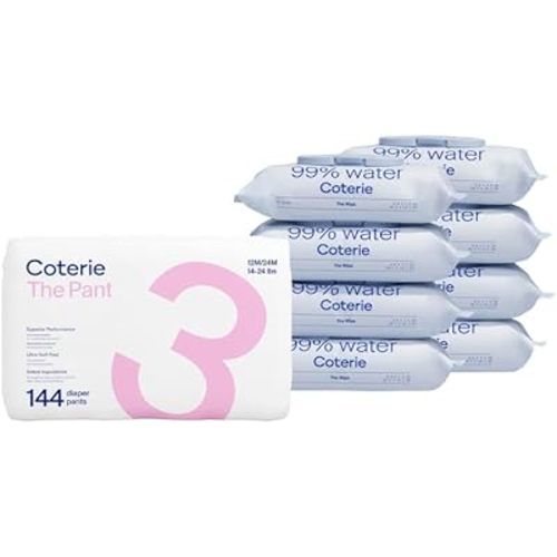 Coterie The Pant Pull On Diaper, Size 3 (14-24 lbs) 144 Count, Absorbent Baby Pull On Diaper + Coterie Baby Wipes, 8 Pack, 448 Count, Unscented Wipes, 99% Purified Water, Plastic-Free & Plant Derived