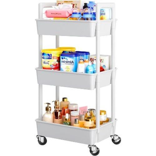 Pipishell 3-Tier Rolling Cart Organizer - Lightweight Plastic Storage Cart with Lockable Wheels & Handle for Nursery, Kitchen, Bathroom, Craft Room