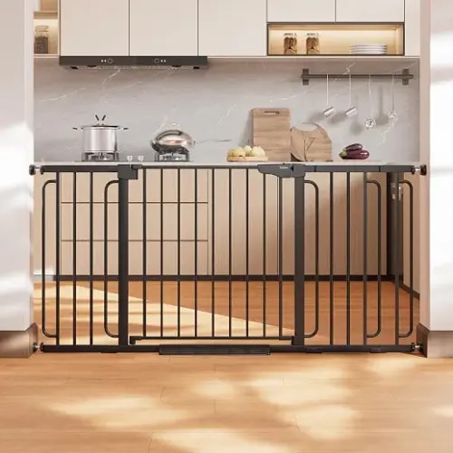 Cumbor 36.6-64" Extra Wide Baby Gate for Stairs, Dog Gates for Doorways, Auto-Close Pet Gate Indoor, Pressure Mounted Walk Through Safety Child Gate for Kids Toddler, Tall Pet Puppy Fence Gate, Black