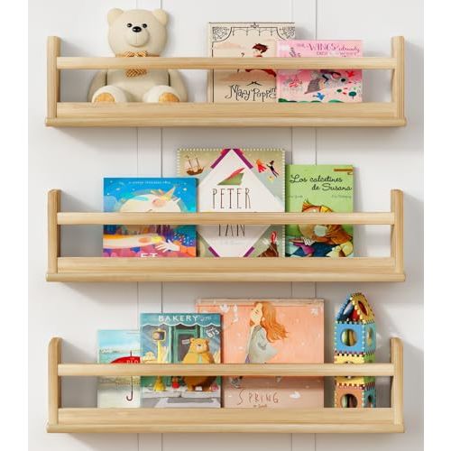 Natural Wood Wall Bookshelf for Kids Bedroom Set of 3, 24 Inch Wooden Floating Nursery Book Shelves for Baby Boy Girl Room, Wall Mounted Toddler Book Shelf for Toy Organizers and Storage