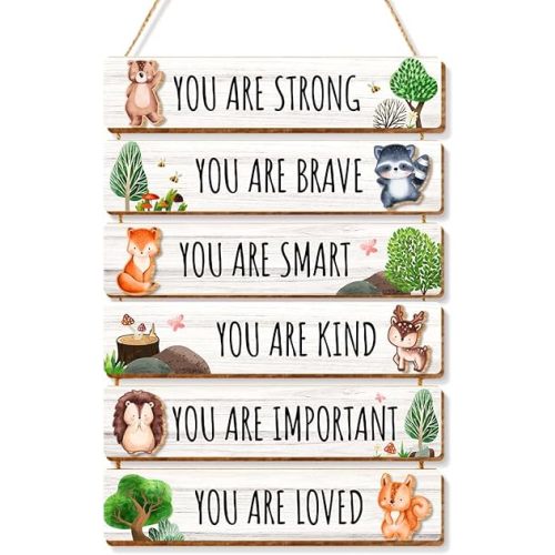 6 Pcs Woodland Animal Room Decor for Boys,Inspirational Wall Art for Kids Room,Positive Quote Wooden Hanging Signs for Kid Nursery Playroom Classroom Decor