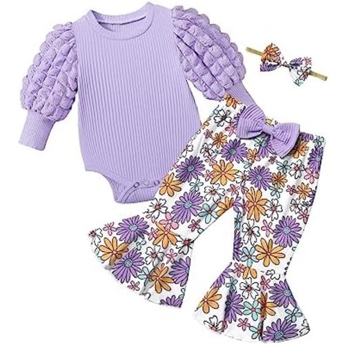 NAPU Baby Girl Clothes Long Sleeve Romper 3Pcs Baby Girl Outfits Flare Pants Set with Headband Fall Baby Girl Winter Clothes