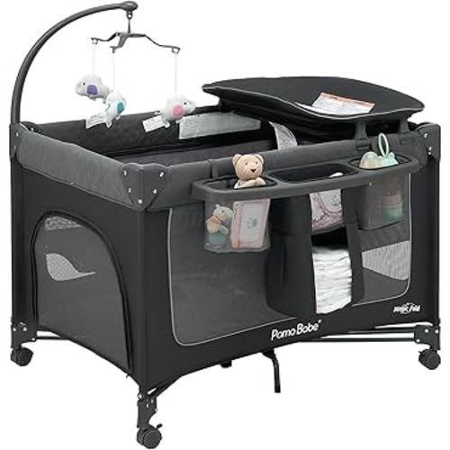 Pamo Babe 1-Second Setup 3-in-1 Playard for Babies - Heavy-Duty Steel Frame for Safe Sleep Space, Portable Crib with Zip Door & Changing Table, Locking Wheels, Breathable Mesh