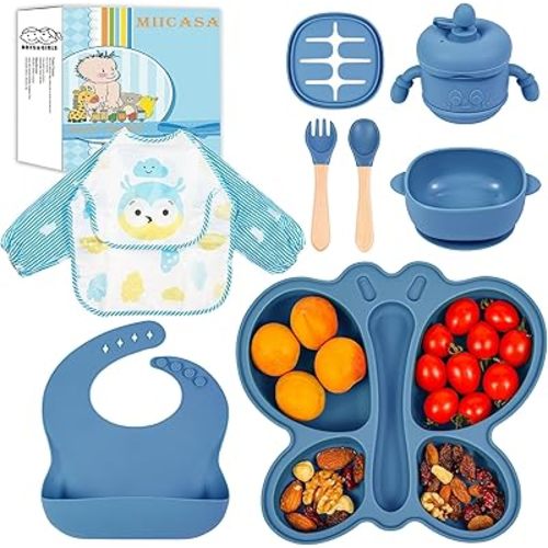 Silicone Baby Feeding Set, Baby Led Weaning Supplies, Silicone Suction Butterfly Plate, Bowl, Spoons, Fork and Waterproof Bib & Cloth Bib, Eating Utensils Baby Feeding Essentials (Blue)