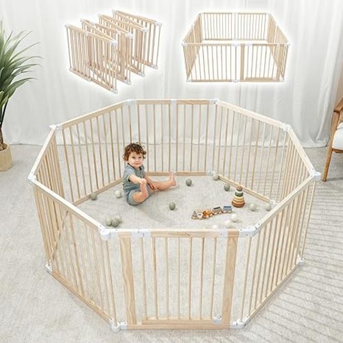 Comfy Cubs Baby Gate Playpen 57x57x25in - Foldable Playpen Light Wood White | Extends Up to 228”, Natural Pine Wood Baby Fence Play Area with Safe Child-Proof Lock - Easy Assembly, Foldable Baby Playpen
