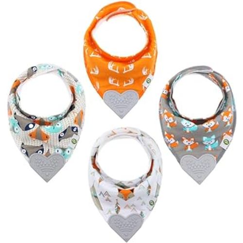 Pickle & Olive Baby Bandana Teething Bibs with Attached Teether - Set Of 4 - Orange Fox