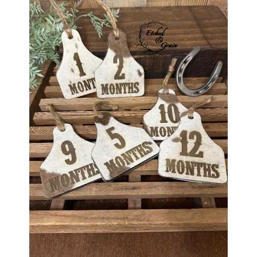 Monthly Milestone Cow Tag | Genuine Branded Cowhide | Baby Gift | Baby Photo Props | Ear Tag Western Monthly Milestone Marker |Western Baby