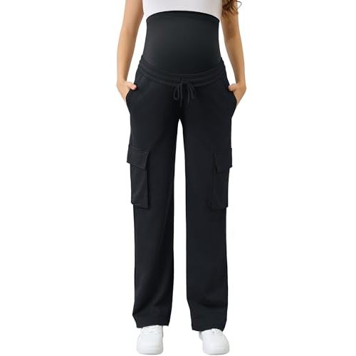 FABRACK Women's Maternity Cargo Pants Sweatpants Over The Belly Casual Comfy Drawstring Pregnancy Pants with 4 Pockets