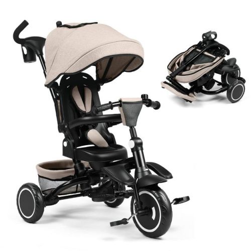 TODECARE Kids Tricycle, 7-in-1 Folding Trike with Adjustable Push Handle, Canopy & 1-Step Brake, Khaki