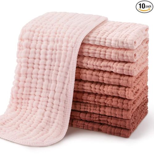 Yoofoss Muslin Burp Cloths for Baby 10 Pack 100% Cotton Baby Washcloths for Boys Girls Large 20''X10'' Super Soft and Absorbent Gradient Pink
