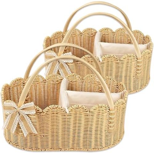 2pcs Rattella Premium Scalloped Rattan Baby Diaper Caddy Organizer 16.14*10*7.2/13.9*8*6in Handwoven Wicker Nursery Storage Basket with Removable Divider & Gift Bow - Boho Baby Registry (Khaki 2)