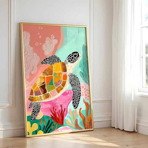 Tortoise Kids Print, Colourful Sea Turtle Poster, Vibrant Nursery Wall Art, Childrens Artwork