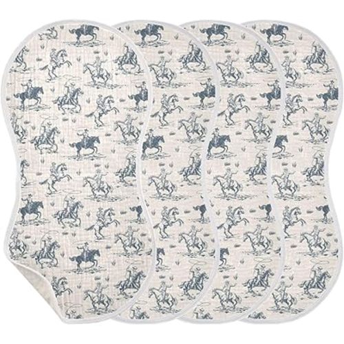 Cowboys Horse Western Baby Muslin Burp Cloths Set of 4 Vintage West Desert Muslin Washcloths American Wild Milk Spit Up Rags Soft Newborn Towel for Unisex Boys and Girls, 22 x 11 Inch