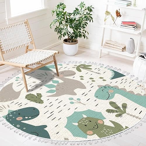 Round Rugs Dinosaur Baby boy Childish Sweet Dino with Palm and Cactus Boho Area Rug Linen and Cotton Carpet Meditation Rug Washable Hallway Runner Mat Accent Rug for Bedroom Bathroom 4ft