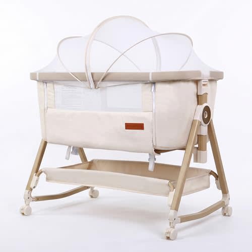 Maydolly Baby Bassinet & Bedside Sleeper, 3 in 1 Rocking Bassinet with Mattress & Sheet, Adjustable Height, Removable Breathable Cover, Easy Folding Infant Crib (Beige)
