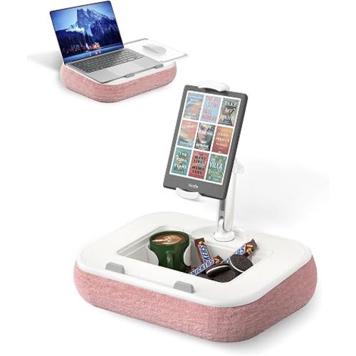 Viozon Kindle Pillow Stand Holder, Phone Holder for Bed, Laptop Lap Desk with Mouse Pad,Compatible with 4.7-13" Kindle/Tablet/Phone,10-15" Laptop, Snack Bowl&Cup Attachment&Detachable 360° Stand Arm,P