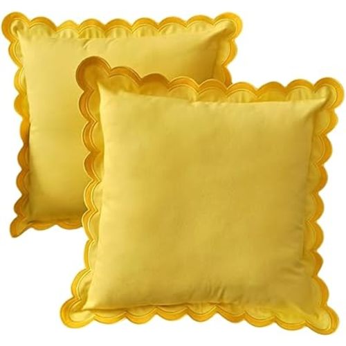 Scalloped Edge Embroidery Pillow Cover Set of 2 | Decorative Throw Pillow Covers | Boho-Chic Cushion Covers for Living Room (Yellow)