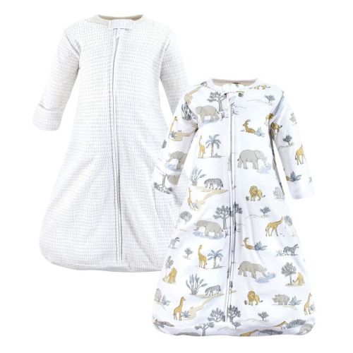 Hudson Baby Cotton Long-Sleeve Wearable Sleeping Bag, Sack, Blanket, Neutral Safari World Long Sleeve, 0-3 Months