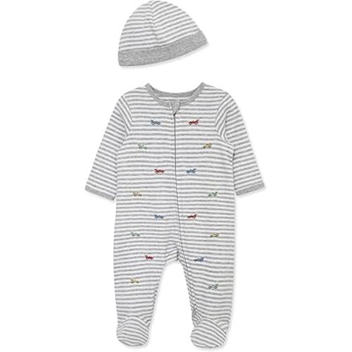 Little Me Baby Boy Clothes 2-Piece Baby Sleeper and Cap Set, 100% Cotton Footies Baby Essentials, Preemie to 9 months