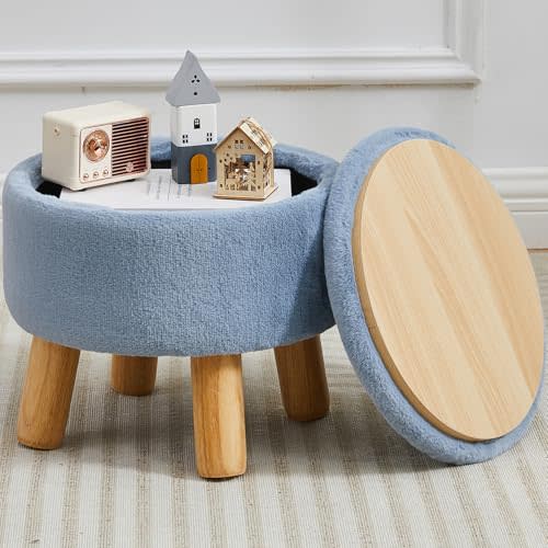 Small Foot Stool Ottoman with Storage, Soft Faux Fur Ottoman Foot Rest for Couch, Round Footstool with Storage, Small Ottomans and Footstools for Living Room and Entryway (Light Blue)