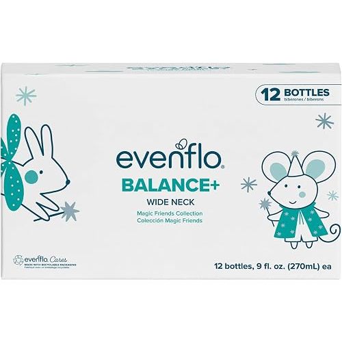 Evenflo Balance+ Wide Neck Baby Bottles, Magic Friends Collection, 9 oz, 12 Pack