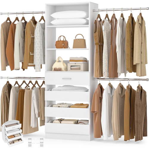 Aheaplus Closet System, 4-9Ft Walk-in and Wardrobe Organizer with 4 Wooden Drawers, Tower, Garment Rack, White Oak