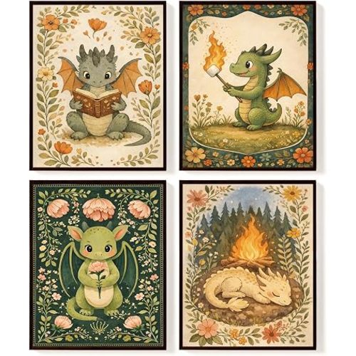 SkyCozy Dragon Nursery Decor, Baby Dragon Wall Art Posters Set of 4, Cute Fantasy Dragon Prints, Woodland Green Boys Room Decor for Kids Bedroom Nursery Playroom Reading Nook, 8x10 Unframed