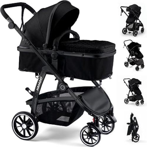 Baby Stroller, 2-in-1 Reversible Toddler Seat with Lie-Flat Mode, Foldable Infant Stroller with Canopy, One Button Brake, Adjustable Handle, Newborn Pushchair (Black B)