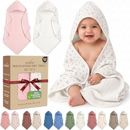 100% Organic Cotton 2 PK Muslin Baby Hooded Towels Newborn 32x32in