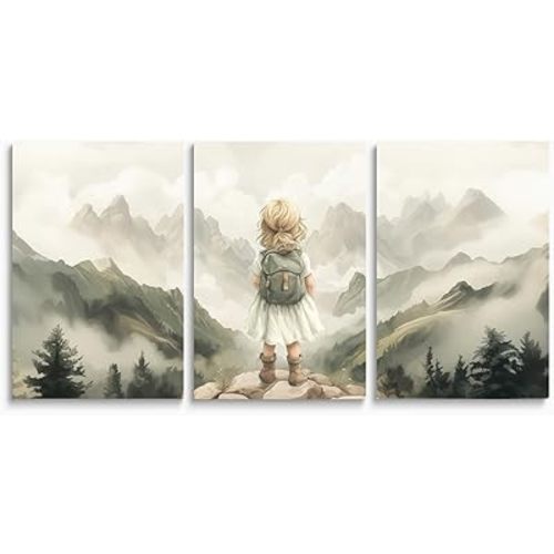 3-Piece Adventure Girl Nursery Wall Art, Mountain & Woodland Forest Nursery Decor for Toddler Room, Adventure Nursery Wall Decor for Kids Baby Girl's Room, Framed Canvas Set, 12"x16"