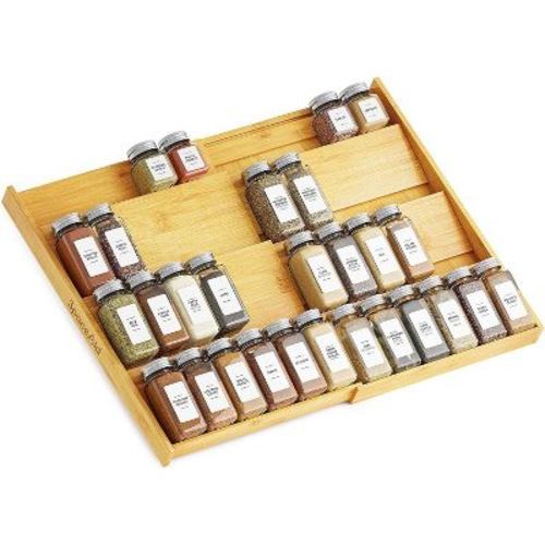 Bamboo Spice Drawer Organizer, Expandable 4 Tier Spices Rack for Cabinet Drawer,(Jars Not Included, From 12" to 23" Wide)
