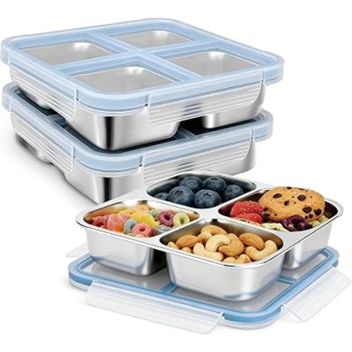 3 Pack Stainless Steel Reusable Snack Containers with Lids, 4 Compartment, Leakproof, 24.5 oz Food Storage & Meal Prep Containers, Bento Lunch Box for Adults,Men,Women(Blue)