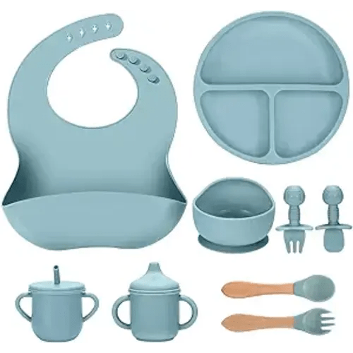Silicone Baby Feeding Set 9 Pcs, Spill-Proof Suction Plate, Bowl, Bib, Silicone spoon&forks, Wooden Spoons&forks, Training cup with straw and Sippy Cup, Baby Eating Utensils (Blue)