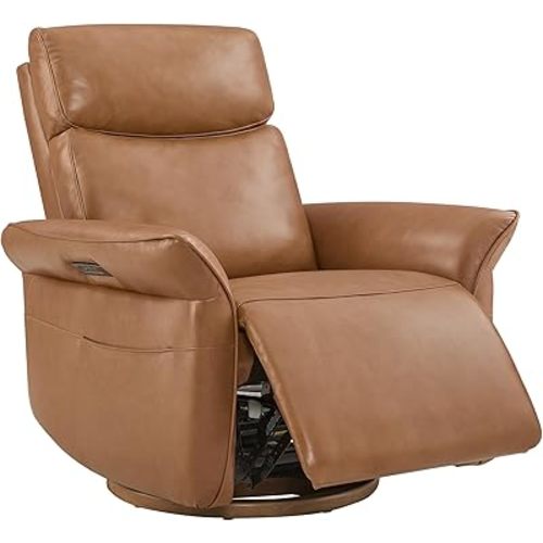 CHITA Genuine Leather Power Recliner Chair, Electric Triple-Motor Swivel Glider Nursery Rocking Chair with Adjustable Power Headrest and Lumbar Support, Solid Wood Base, Saddle Brown