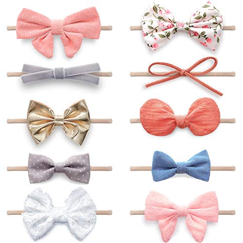 KiddyCare Baby Hair Accessories | Elastic Headbands, Bows, and Lazos Para Bebes | 10 Piece Assortment for Newborns and Girls