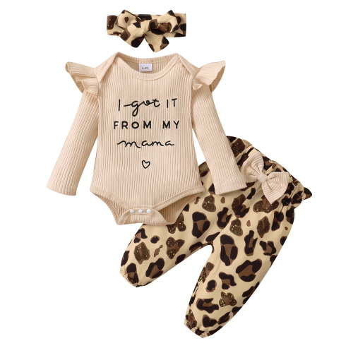 Kucnuzki Newborn Baby Girls Outfit Sets Ruffle Long Sleeves Romper Tops Bowknot Leopard Pants with Headband 3pcs Baby Girls Pant Sets Fall Apricot 3-6 Months