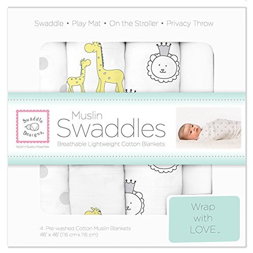 SwaddleDesigns Cotton Muslin Swaddle Blankets, Set of 4, Receiving Blankets for Baby Boys & Girls, Best Shower Gift, 46x46 inches, Sterling Jungle Friends