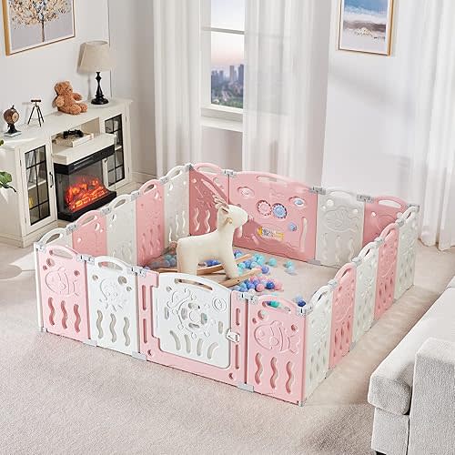 Albott Baby Playpen, Upgraded 18 Panels Foldable Baby Fence with Game Panel and Safety Gate, Adjustable Shape, Portable Play Yards for Children Toddlers Indoors or Outdoors (White+Pink, 18 Panel)
